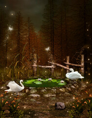 Wall Mural - Little pond with white swans in the middle of the forest