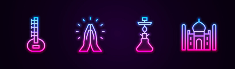 Sticker - Set line Sitar, Hands in praying position, Hookah and Taj Mahal. Glowing neon icon. Vector.