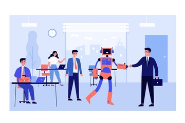 Poster - New robotic employee. Humanoid robot shaking hands with businessman in office flat vector illustration. Technology, innovation, robotics concept for banner, website design or landing web page