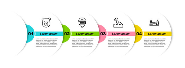 Wall Mural - Set line Bear head, Hockey helmet, Flying duck and Capilano Suspension Bridge. Business infographic template. Vector.