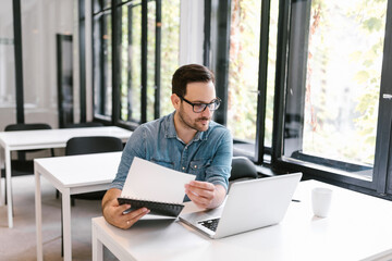 Wall Mural - Handsome man working on laptop and holding documents.