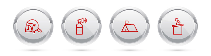 Sticker - Set line Police helmet, Air horn, Protest camp and Stage stand tribune. Silver circle button. Vector.