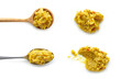 Set of relish in spoons top view isolated on white background