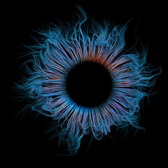 Poster - Abstract representation of a human eye. A ring of blue and multicolored fibers against a black background. 3D render / rendering