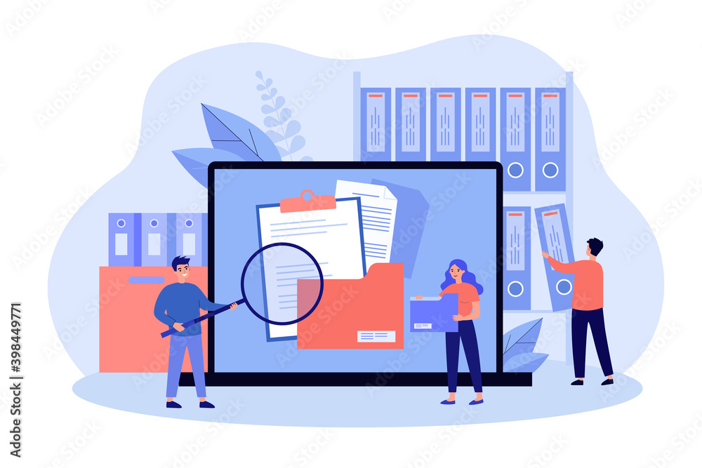 People taking documents from shelves, using magnifying glass and searching files in electronic database. Vector illustration for archive, information storage concept - obrazy, fototapety, plakaty 