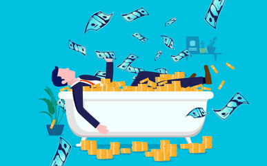 Wall Mural - Making lots of money - Filthy rich man in bathtub full of cash enjoying wealth. Financial freedom concept. Vector illustration.