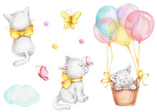 Set With Cute Kitty, Butterfly, Balloons And Clouds; Watercolor Hand Draw Illustration; Can Be Used For Kid Posters; With White Isolated Background