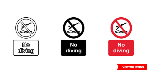No diving prohibitory sign icon of 3 types color, black and white, outline. Isolated vector sign symbol.