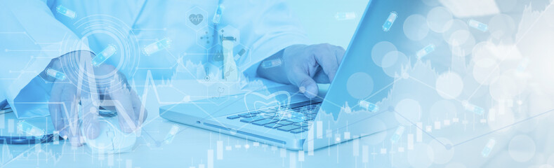 doctor hand working with laptop computer,concept online marketing business of medical,healthcare,ins
