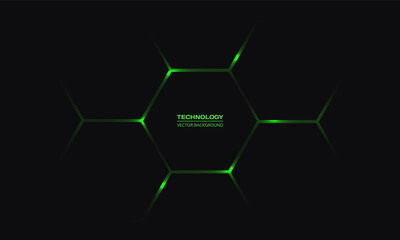 Poster - Black hexagonal technology vector background. Green bright energy flashes under honeycomb in dark modern technology futuristic abstract background.