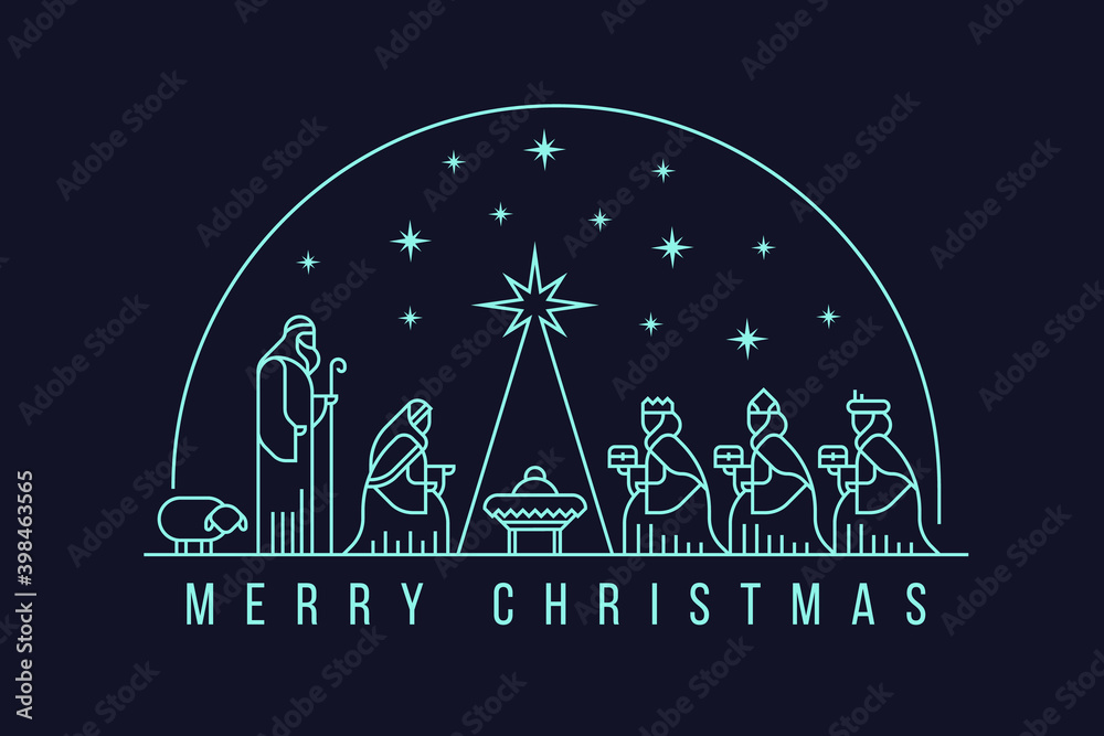 Merry christmas with white line Nativity of Jesus scene and Three wise ...