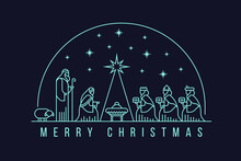 Merry Christmas With White Line Nativity Of Jesus Scene And Three Wise Men In The Semicircle And Star Light Vector Design