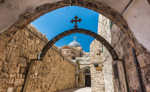 The 9th Station Of The Cross In Via Dolorosa At The Entree To The Coptic Orthodox Patriarchate, St. Anthony Coptic Monastery,  In Old City East Jerusalem