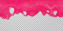 Pink Slime Drip. Dripping Caramel, Jelly Or Gum. Glitter Slimes With Girly Glossy Texture. Realistic Paint Or Nail Polish Vector Background
