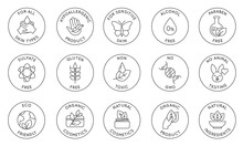 Eco Cosmetics Icon. Organic Natural Products Alcohol, Paraben And Gluten Free Line Icons For Packaging. Round Stamps And Badges Vector Set