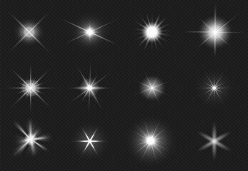 Wall Mural - flares and sparkling stars effect. white light burst, shiny glare. magic starburst, realistic glow s