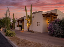 Arizona Resort With Cactus And Sunset