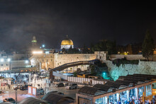 Night View Of Entrance Of Western Wall And Mosque Of Al-aqsa , And  The Dome Of The Rock, An Islamic Shrine Located On The Temple Mount In The Old City Of Jerusalem.