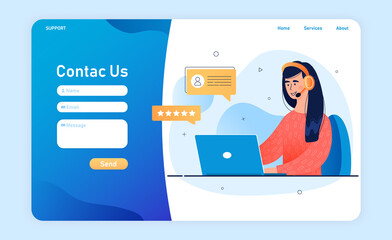 Poster - contact us form template for website or landing page. female customer service representative with he