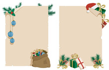 
Two Christmas Parchments Decorated With Gifts, Toys,
Christmas Balls And Fir Branches On A Transparent Background
