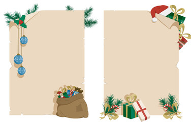 
Two Christmas parchments decorated with gifts, toys,
Christmas balls and fir branches on a transparent background
