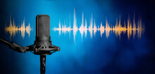 Microphone With Yellow Waveform On Modern Blue Background, Broadcasting Or Podcasting Banner	
