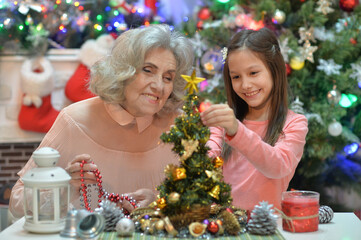 Sticker - Smiling little girl with grandmother preparing for Christmas