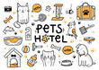 © kanvictory - Pets hotel, vector set in the Doodle style. Caring for animals, dogs, cats and parrots