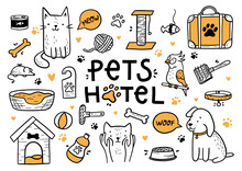 Pets Hotel, Vector Set In The Doodle Style. Caring For Animals, Dogs, Cats And Parrots
