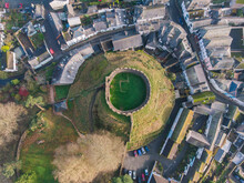 Aerial Drone Shot Of 14th Century Castle Ruins In Totnes, England
