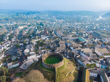 Aerial Drone Shot Of 14th Century Castle Ruins In Totnes, England