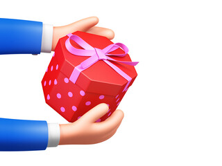 Cartoon hands holding a colored gift boxes with a ribbon bow isolated on white background. The giving presents. 3d render.