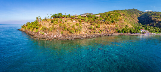 Wall Mural - An aerial panorama of Jemeluk viewpoint near Amed beach on Bali island in Indonesia