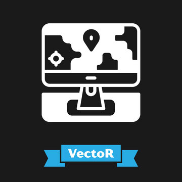 White Computer monitor and folded map with location marker icon isolated on black background.  Vector.