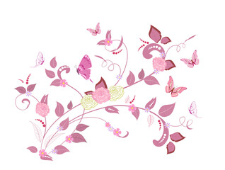 Fotomurales - fancy floral design with roses and butterflies