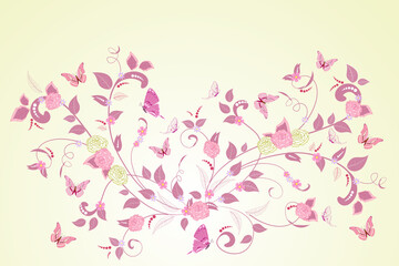 Fotomurales - ornate floral border with roses and butterflies for your design