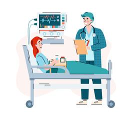 Wall Mural - Attending physician visits the patient in the hospital ward, flat cartoon vector illustration. Doctor and patient in hospital interior with modern equipment.