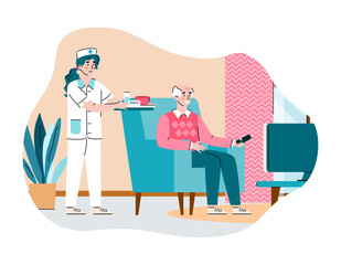 Wall Mural - Doctor care elderly man in nursing home. Female nurse brought food for male senior watching tv. House for gerontology assistance for happy retired. Vector illustration