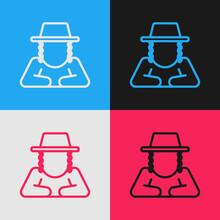 Pop Art Line Orthodox Jewish Hat With Sidelocks Icon Isolated On Color Background. Jewish Men In The Traditional Clothing. Judaism Symbols.  Vector.