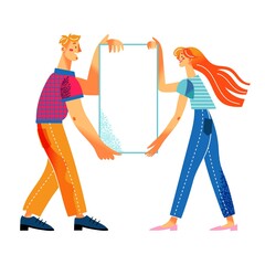 Wall Mural - Girl and man holding blank placard. Activist woman and guy protesting together with poster vector illustration. Young happy people holding paper banner on white background