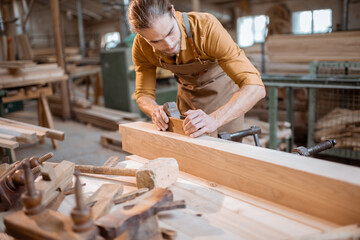 Wall Mural - Carpenter working with a wood in the workshop