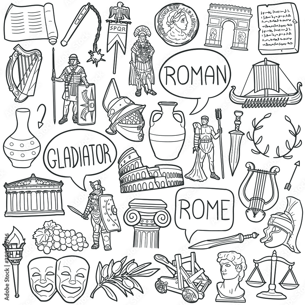 Stock-Vektorgrafik „Rome doodle icon set. Roman Vector illustration ...