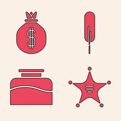 Sticker - Set Hexagram sheriff, Money bag, Feather pen and Inkwell icon. Vector