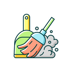 Wall Mural - Sweeping floor RGB color icon. Household chore, indoor cleanup. Housekeeping task, domestic hygiene. Cleaning with broomstick and scoop. Isolated vector illustration