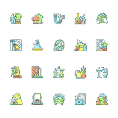 Sticker - Housekeeping RGB color icons set. Keeping home clean and neat. Different housework, domestic chores. Domestic cleaning service. Isolated vector illustrations