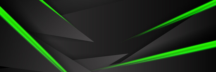 Black abstract corporate graphic design with green glowing light. Technology concept background. Vector illustration
