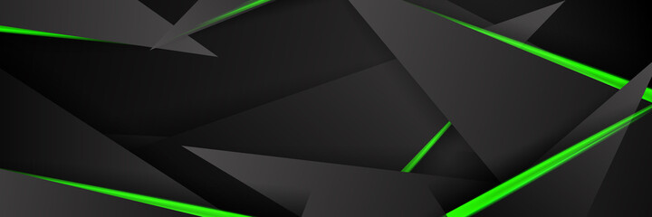 Modern abstract futuristic hexagon carbon fiber and glowing light green luminous lines in black dark room technology background