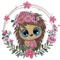 Wall Mural - hedgehog with flowers on a white background