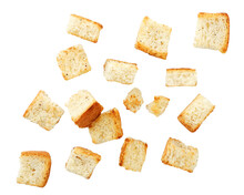Wheat Square Croutons Croutons Falling On A White Background. Isolated