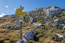 Hiking Sign On Mountain At Windscharte, Austria
